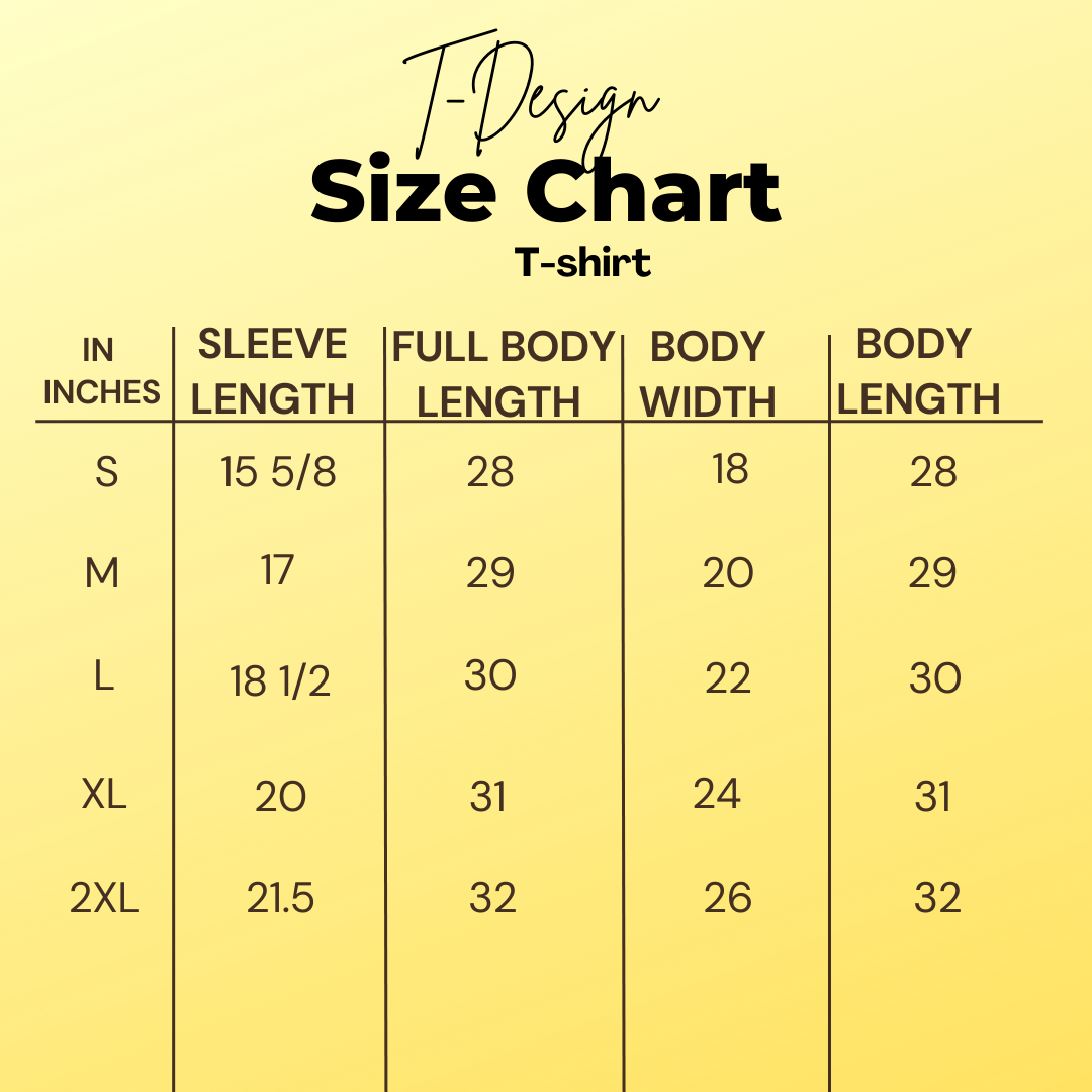 Size chart for the t-shirts