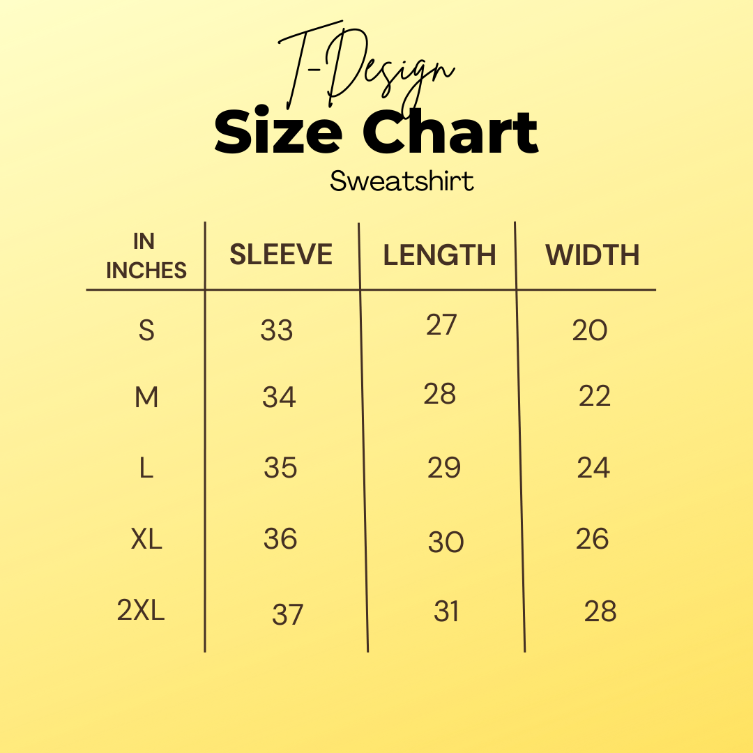 Size chart for sweatshirt dimensions on a yellow background