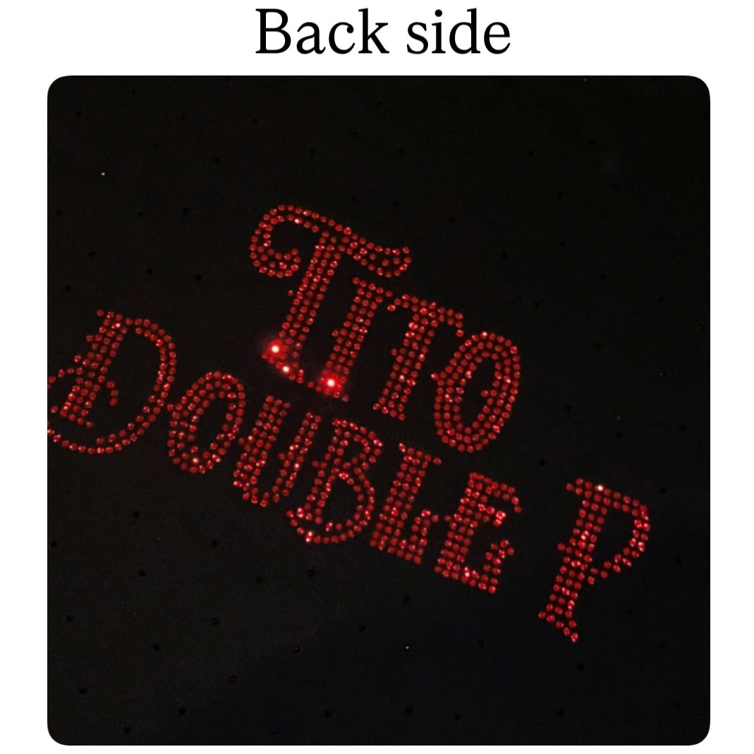 Black tshirt with red rhinestones text 