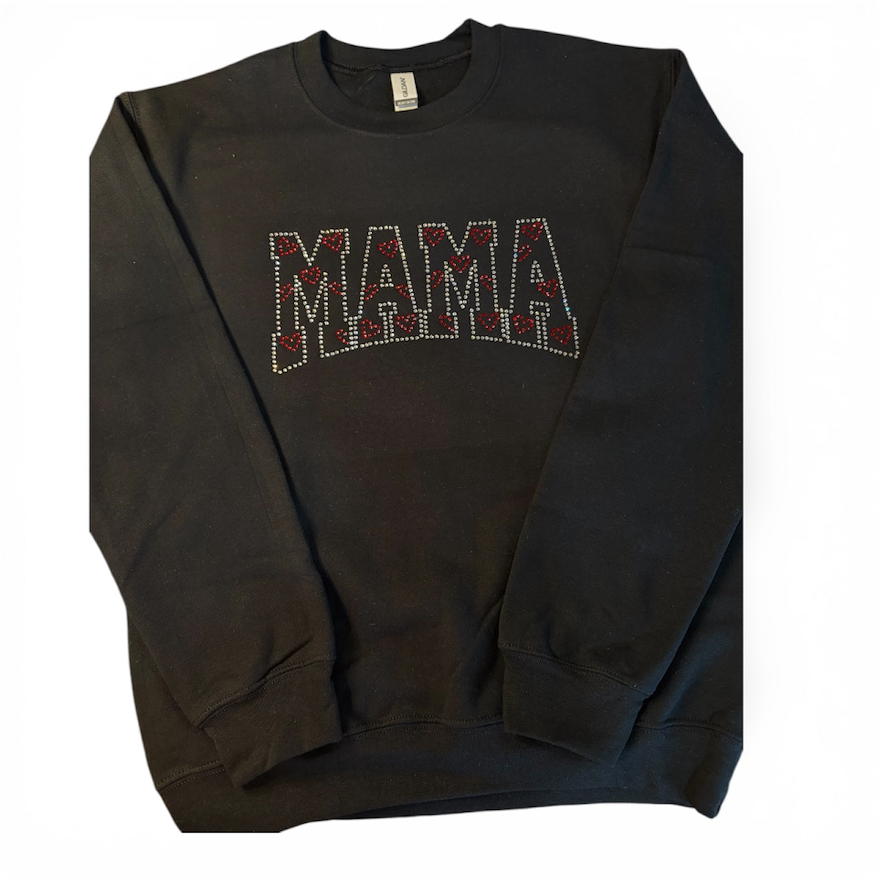 Black sweatshirt with 'MAMA' rhienstones outline with red hearts inside 'MAMA' text on a white background