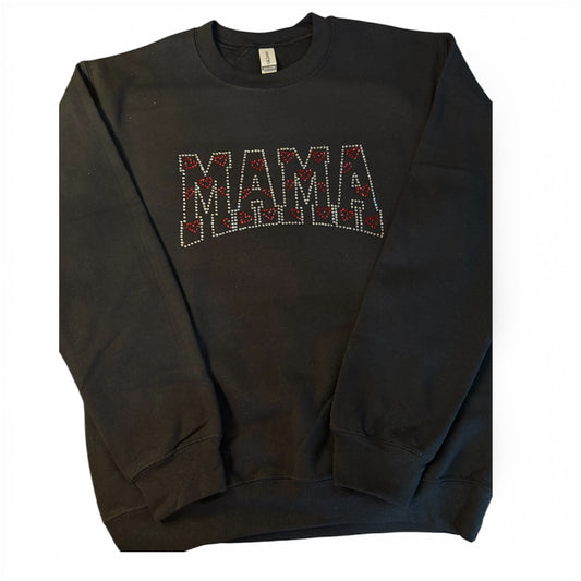 Black sweatshirt with 'MAMA' rhienstones outline with red hearts inside 'MAMA' text on a white background