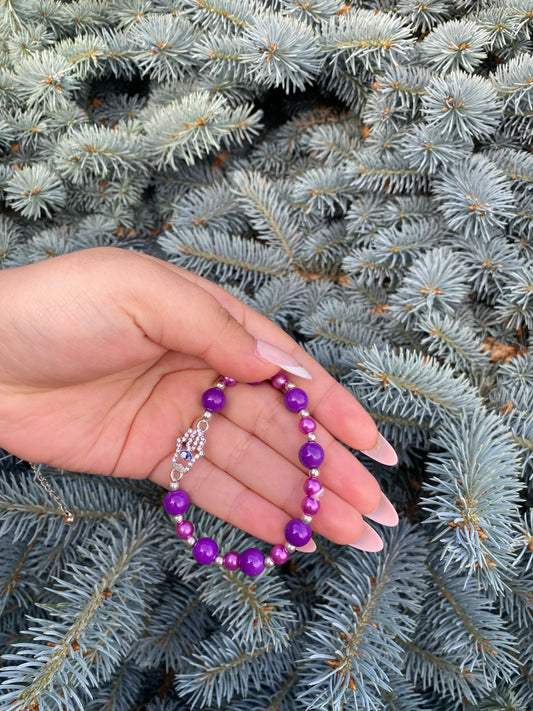 Handmade bracelet - Purple with evil eye hand