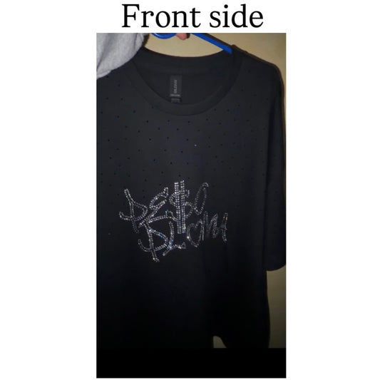 Black T-shirt white silver text rhinestones 
